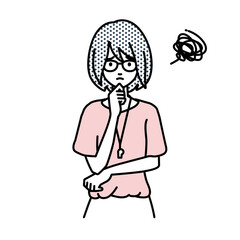 立って手をあごにあてて困っている教師の女性