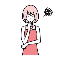 立って手をあごにあてて困っているドレスの女性