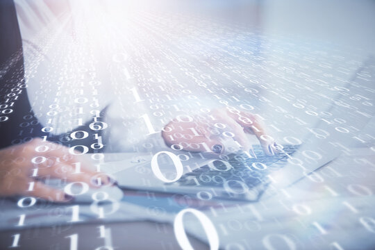 Multi exposure of woman hands working on computer and data theme hologram drawing. Tech concept.