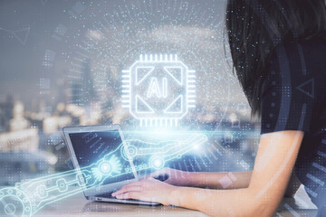 Multi exposure of woman hands working on computer and data theme hologram drawing. Tech concept.