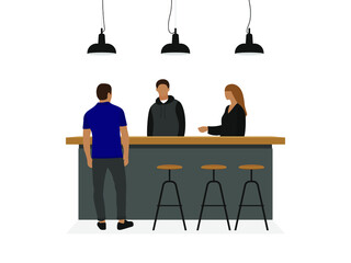 Two male characters and a female character talking near a bar table on a white background