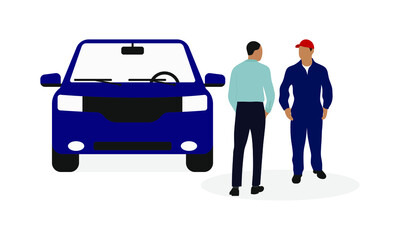 A male character in business clothes and a male character in a work uniform are standing and talking near a blue car on a white background