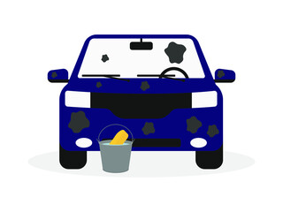 A bucket with water and a sponge stands near a dirty car on a white background