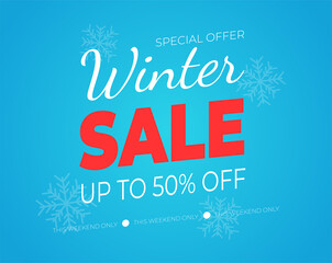 Winter sale banner with red text and snow