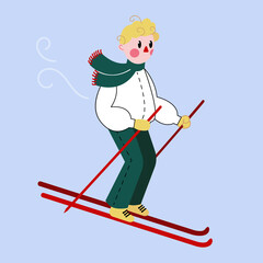Boy skiing in the snow. Winter holiday. Vector character