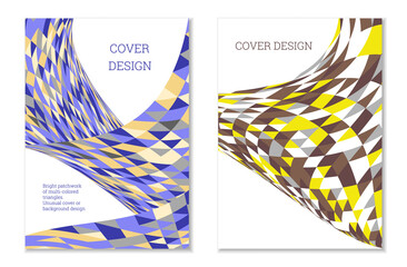 Bright patchwork from multi-colored triangles. Unusual colorful design for cover or background. Set of two templates