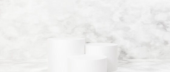 3Dレンダリング／3Dイラスト）大理石風の白くて明るい抽象的な背景に3つの円柱の展示台　空きスペース　シンプル　ミニマル