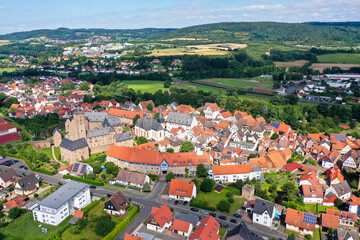 Aerial view, Steinau an der Strasse and Steinau Castle, Hesse, Germany,