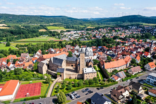 Aerial view, Steinau an der Strasse and Steinau Castle, Hesse, Germany,