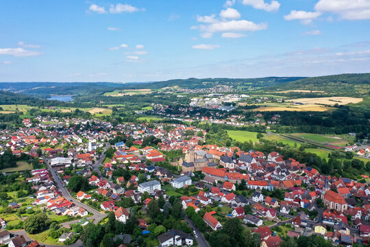 Aerial view, Steinau an der Strasse and Steinau Castle, Hesse, Germany,