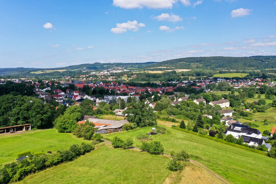 Aerial view, Steinau an der Strasse and Steinau Castle, Hesse, Germany,