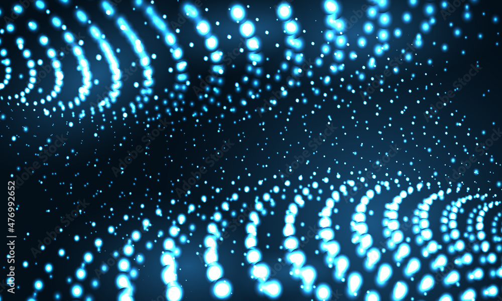 Poster Digital abstract technology blue circle particle dots wave in vector dark background. Hi tech particles wire network concept. Futuristic technology science artificial intelligence background.