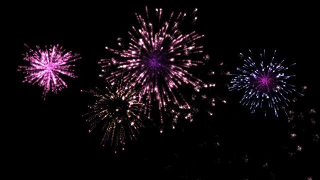 Realistic holiday fireworks animation on black background