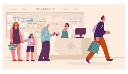 People in the pharmacy buy medicines. Pharmacist at the drugstore with clients. Vector illustration in flat style.