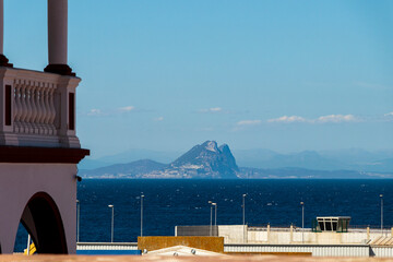 Photograph of the Strait of Gibraltar from Ceuta with buildings in the foreground
