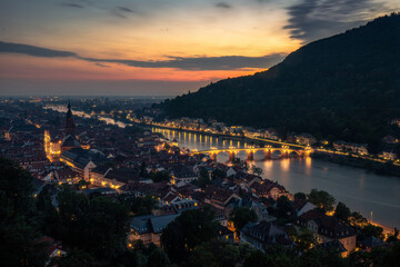 Sonnenuntergang Abend Heidelberg Neckar Alte Brücke Panorama  - obrazy, fototapety, plakaty