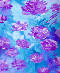 Big violet purple lilac pink flowers on light blue background. Beautiful painting botany floristic pattern ornament design. Blooming blossom 