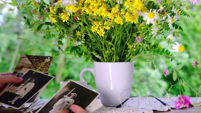 female hands going through old photos of 40s, 50s, bouquet of wildflowers, handmade lacy, cup of tea on table in garden, concept of genealogy, memory of ancestors, family tree, family archive