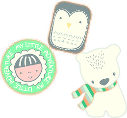 Eskimo, owl and teddy bear themed vector badge, can be used for baby t-shirt print, fashion print design, kids wear, baby shower, bedding set, wallpaper, celebration, greeting cards and invitation.