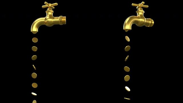 Gold coins flow from the water tap - 3d render looped with alpha channel.