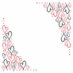 Vertical border with doodle black and red heart and place for text. Valentine day card on white background. Vector illustration