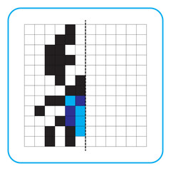 Picture reflection educational game for kids. Learn to complete symmetry worksheets for preschool activities. Coloring grid pages, visual perception and pixel art. Finish the blue horned beetle.