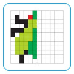 Picture reflection educational game for kids. Learn to complete symmetry worksheets for preschool activities. Coloring grid pages, visual perception and pixel art. Finish the green fly bug.