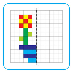 Picture reflection educational game for kids. Learn to complete symmetrical worksheets for preschool activities. Coloring grid pages, visual perception and pixel art. Finish flowers in pots.