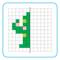 Picture reflection educational game for kids. Learn to complete symmetry worksheets for preschool activities. Coloring grid pages, visual perception and pixel art. Complete the cactus plant image.