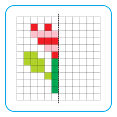 Picture reflection educational game for kids. Learn to complete symmetry worksheets for preschool activities. Coloring grid pages, visual perception and pixel art. Complete the flower plant image.