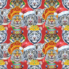 Seamless pattern with the image of a tiger's face. Decor for decoration of textiles or wallpaper.