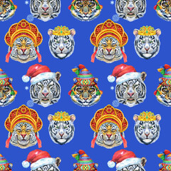 Seamless pattern with the image of a tiger's face. Decor for decoration of textiles or wallpaper.