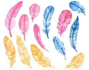 Set of bird feathers - pink blue yellow - isolated on white. Watercolor illustration. Perfect for wedding invitations, cards, tickets, congratulations, branding, logo label, emblem.