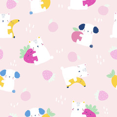 Pastel seamless pattern with bear and dog with fruits. Kids cute print. Vector hand drawn illustration.