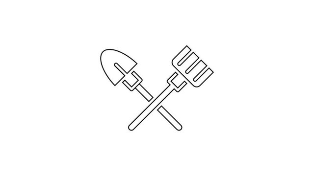 Black line Shovel and rake icon isolated on white background. Tool for horticulture, agriculture, gardening, farming. Ground cultivator. 4K Video motion graphic animation