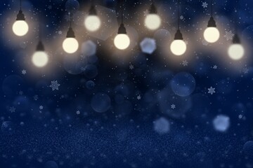 blue cute brilliant glitter lights defocused bokeh abstract background with light bulbs and falling snow flakes fly, holiday mockup texture with blank space for your content