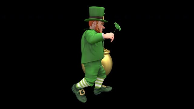 Leprechaun running around the pot with gold coins, holding the four leaf clover - 3d render looped with alpha channel.