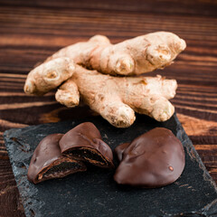 Candied Ginger In Dark Chocolate close up