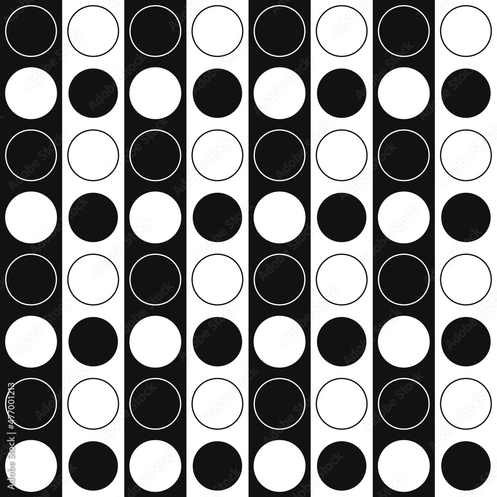 Poster black and white stripes alternate, and on them you can see circles in the same two colors - black an
