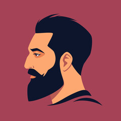 Head of bearded man in profile. Portrait of bearded brunet man. Avatar of brutal man with beard for social networks. Abstract male portrait, face side view. Stock vector illustration in flat style.