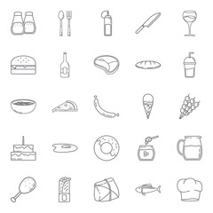 Best Collection of Food & Drink Icons with Outline Style Includes Burger, Spoon & Fork, Meat, Wine, Pizza, Fish Perfect For Templates, Youtube Thumbnails, Instagram & Facebook Post, Marketing Ads.