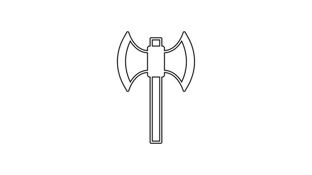 Black line Medieval poleaxe icon isolated on white background. 4K Video motion graphic animation