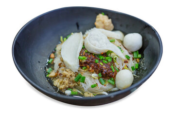 Die cut of Noodles with Fish Balls in clear Soup