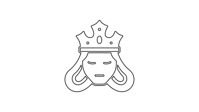 Black line Princess or queen wearing her crown icon isolated on white background. Medieval lady. 4K Video motion graphic animation