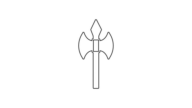 Black line Medieval axe icon isolated on white background. Battle axe, executioner axe. Medieval weapon. 4K Video motion graphic animation