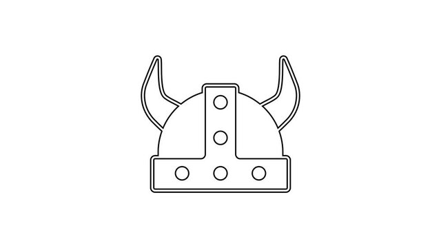 Black line Viking in horned helmet icon isolated on white background. 4K Video motion graphic animation