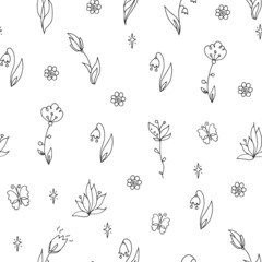 Seamless vector pattern - simple outline flowers, snail, herbs. Black lines. Wallpaper design. Wedding, St Valentine Days, Birthday card.