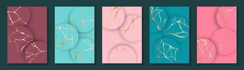 Kintsugi art gold brocken line patterns vector collection.