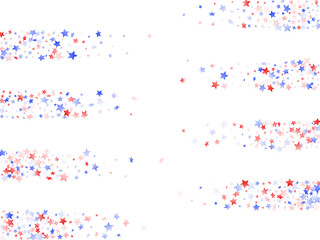 Flying red blue white star sparkles on white vector american patriotic background.