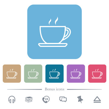 Cup of coffee outline flat icons on color rounded square backgrounds